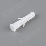 A single white plastic wall anchor, also known as a gitti, on a gray background.