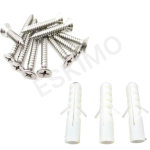 A pile of silver screws next to three white plastic wall anchors on a white background.