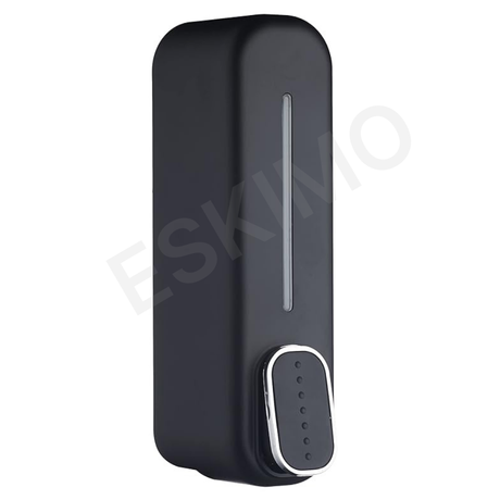 A full-front view of a black wall-mounted soap dispenser with a clear vertical viewing window and a silver push button.