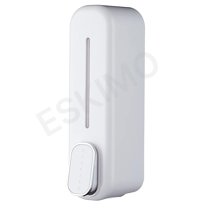 A full-front view of a white wall-mounted soap dispenser with a chrome-colored push button.