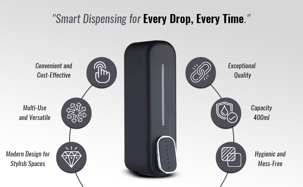 Series A black soap dispenser with easy refill, wall mount design, and durable ABS body