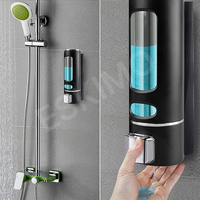 Wall-mounted soap dispenser with a hand reaching to press the pump.