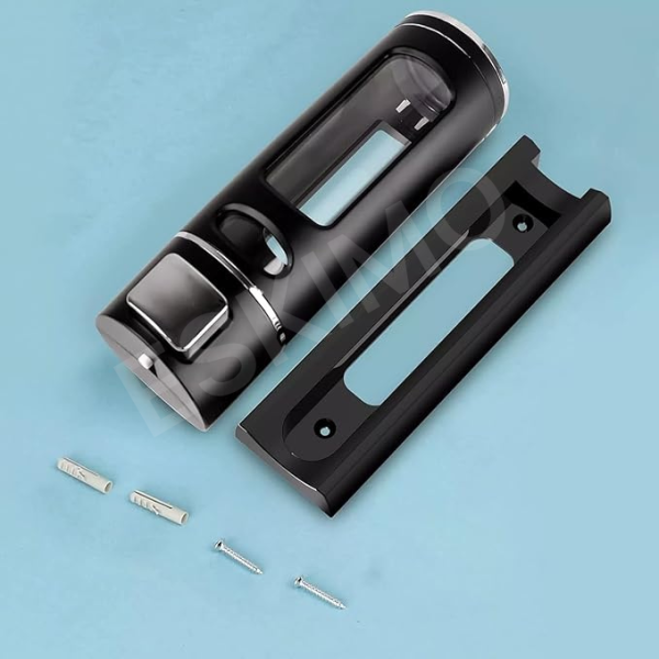 A black wall-mounted soap dispenser and its separate mounting bracket, with two screws and anchors.
