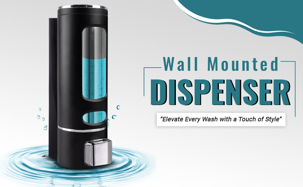 A black wall-mounted dispenser with the text "Elevate Every Wash with a Touch of Style."