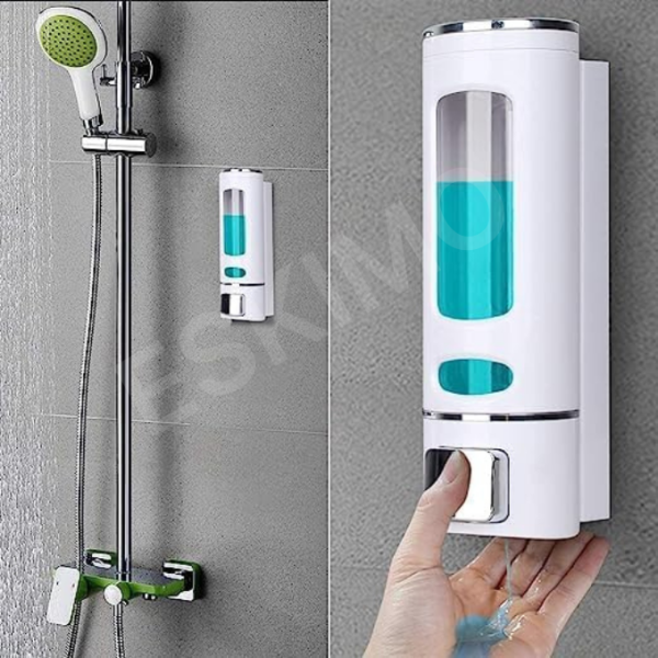 A person's hand dispensing soap from a wall-mounted dispenser in a modern shower, with a wider shot of the product next to it.