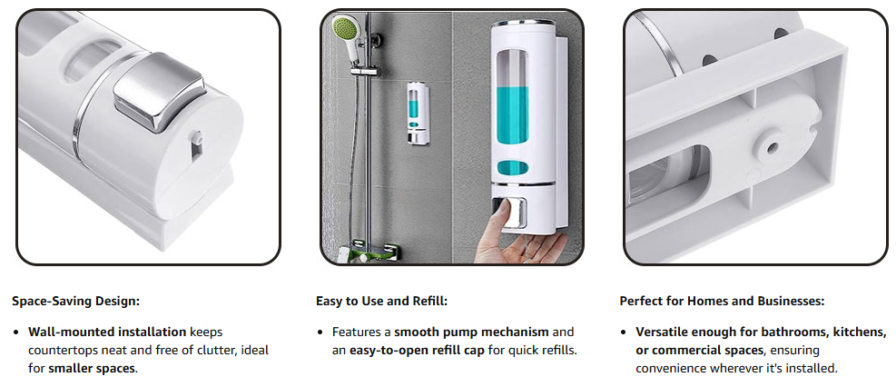 Three panels showing the dispenser's benefits: space-saving, easy to use and refill, and versatile for homes and businesses.