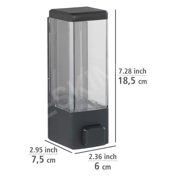 A product shot of the soap dispenser with its dimensions clearly labeled in both inches and centimeters.
