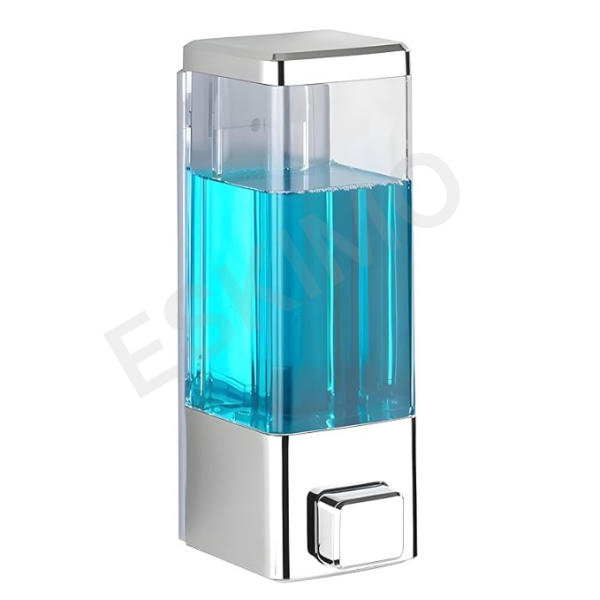 A clean, isolated image of a wall-mounted chrome and transparent soap dispenser