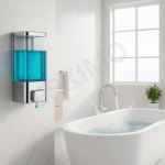 A single chrome and clear wall-mounted soap dispenser in a bright, modern bathroom with a white bathtub and a large window. A water faucet is splashing into the tub.