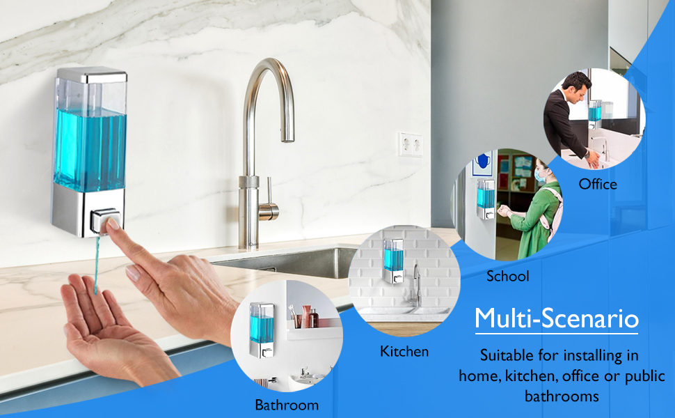 A wall-mounted soap dispenser with circular inset photos showing its use in a kitchen, a bathroom, an office, and a school, with text that says "Multi-Scenario."