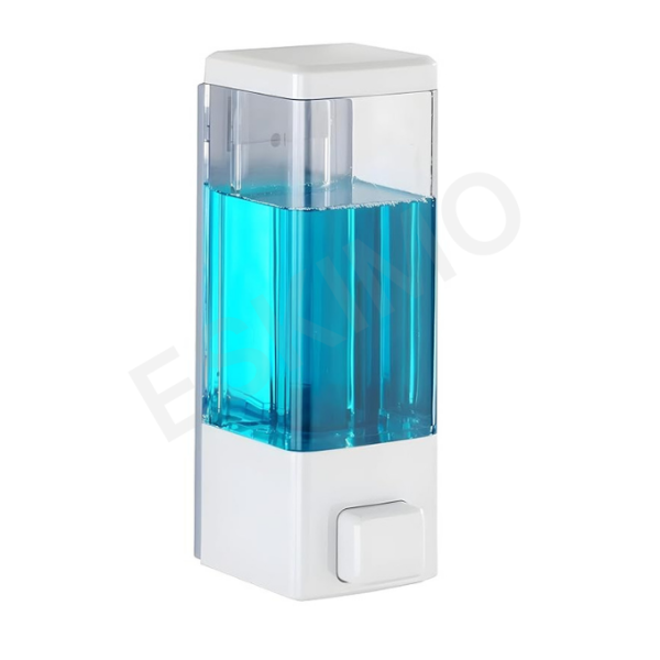 A wall-mounted soap dispenser with a clear top half filled with blue liquid soap and a white bottom half.