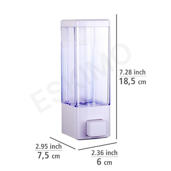 A wall-mounted soap dispenser with its dimensions labeled in inches and centimeters.