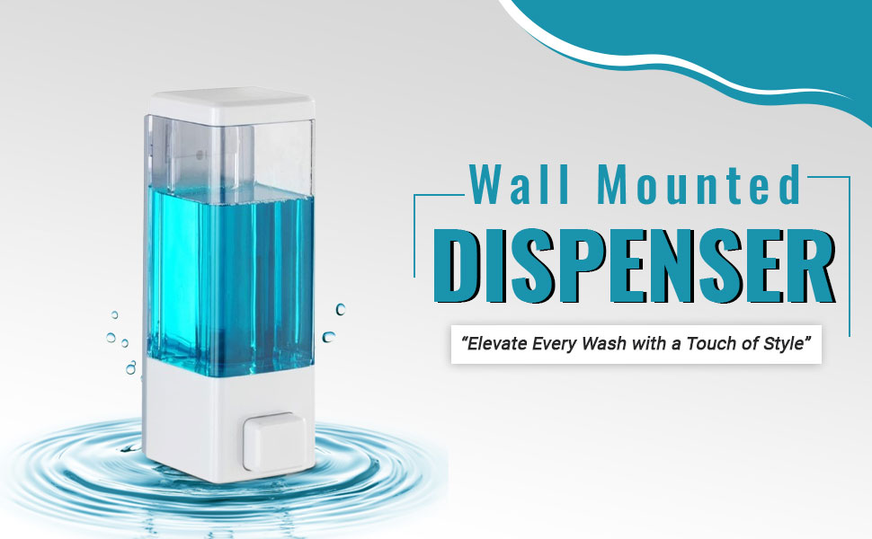 A wall-mounted dispenser with blue liquid soap, with text that reads, "Wall Mounted DISPENSER."